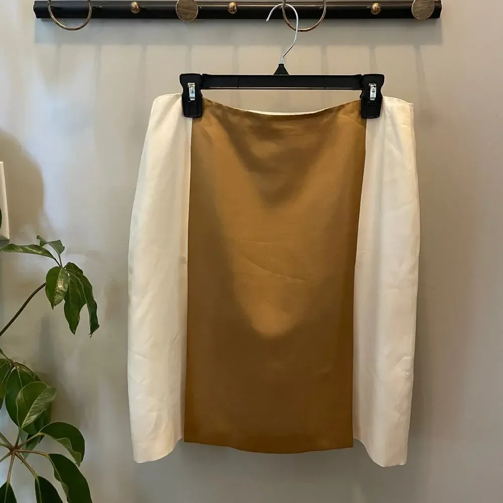 AKRIS 100% Silk Color Block Skirt | Brown, Cream US 10, F 42, D 40, Vents $1590